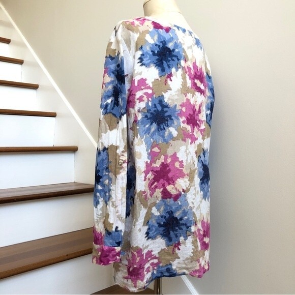 JM Collection Blouse Womens 14 Purple Blue Linen Watercolor Floral Asymmetrical - Picture 6 of 12